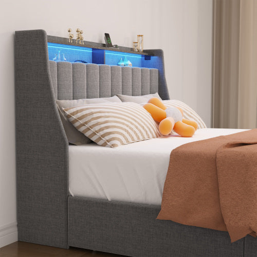 Lumora Full Size LED Bed Frame with Winged Headboard & 4 Storage Drawers – Light Grey Linen Upholstery
