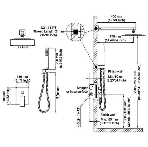 LuxeRain Brushed Gold Shower System Combo