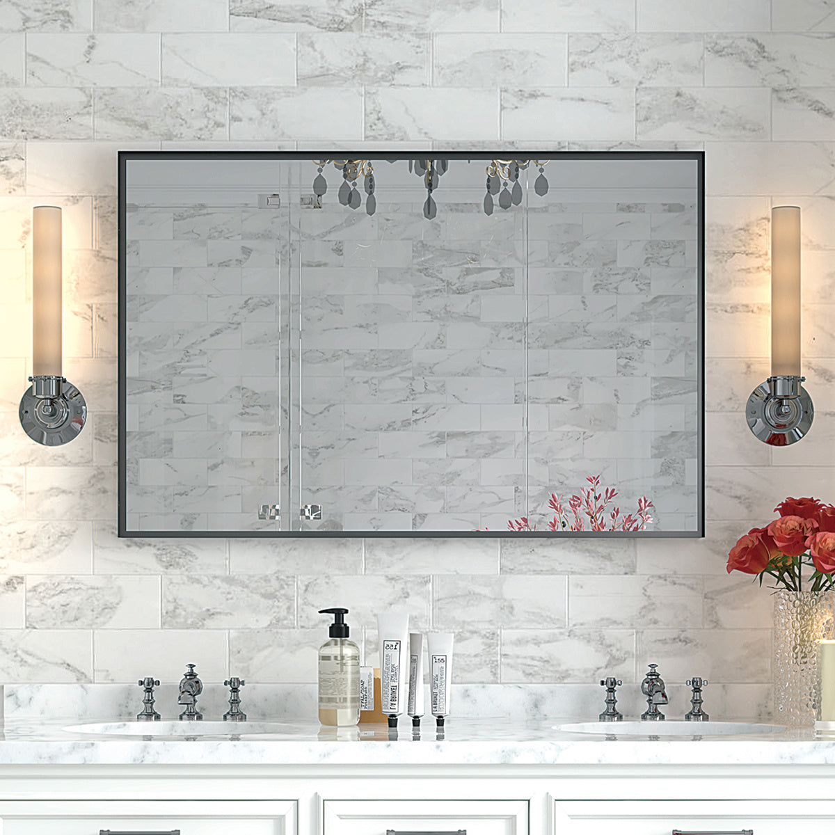 Noiré XL 40x30” Rectangular HD Vanity Mirror – Glossy Black Wall-Mounted Elegance