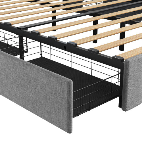 Lumora Full Size LED Bed Frame with Winged Headboard & 4 Storage Drawers – Light Grey Linen Upholstery