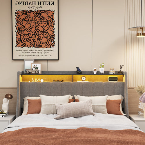 Lumora Full Size LED Bed Frame with Winged Headboard & 4 Storage Drawers – Light Grey Linen Upholstery