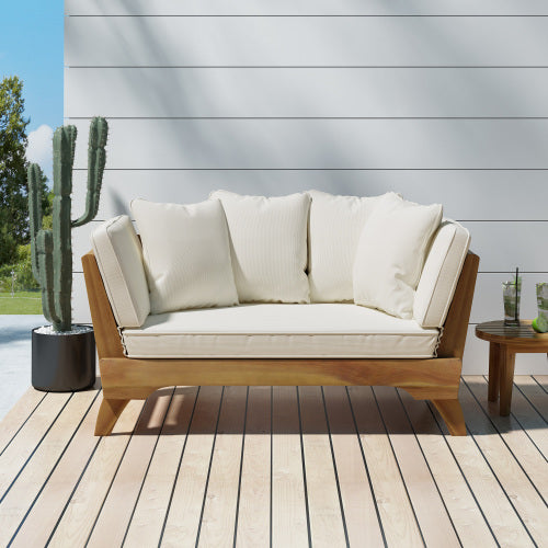 Calvera Acacia Wood Sofa Bed — Full-Size Expandable Daybed with Waterproof Cushions