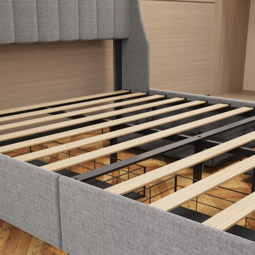 Lumora Full Size LED Bed Frame with Winged Headboard & 4 Storage Drawers – Light Grey Linen Upholstery