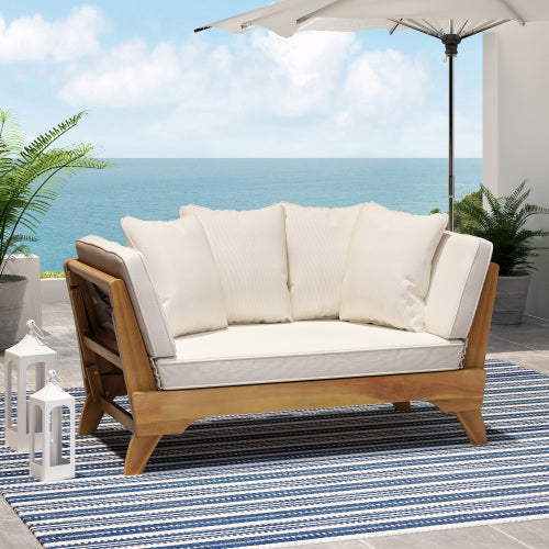 Calvera Acacia Wood Sofa Bed — Full-Size Expandable Daybed with Waterproof Cushions