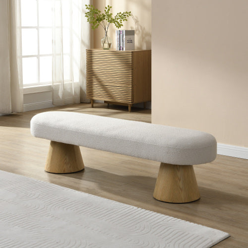 Calvera 64" Upholstered Bench — Bouclé Fabric with Wood Legs