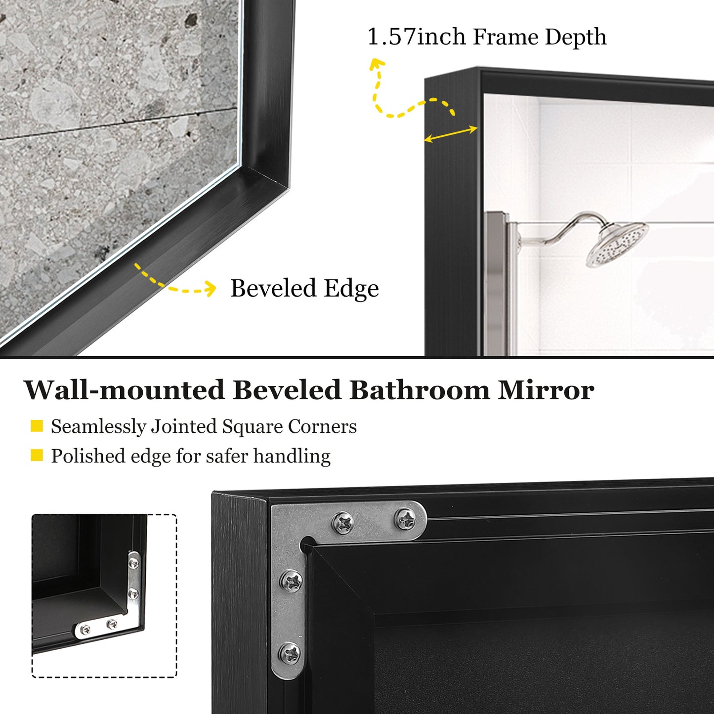 Noiré XL 40x30” Rectangular HD Vanity Mirror – Glossy Black Wall-Mounted Elegance