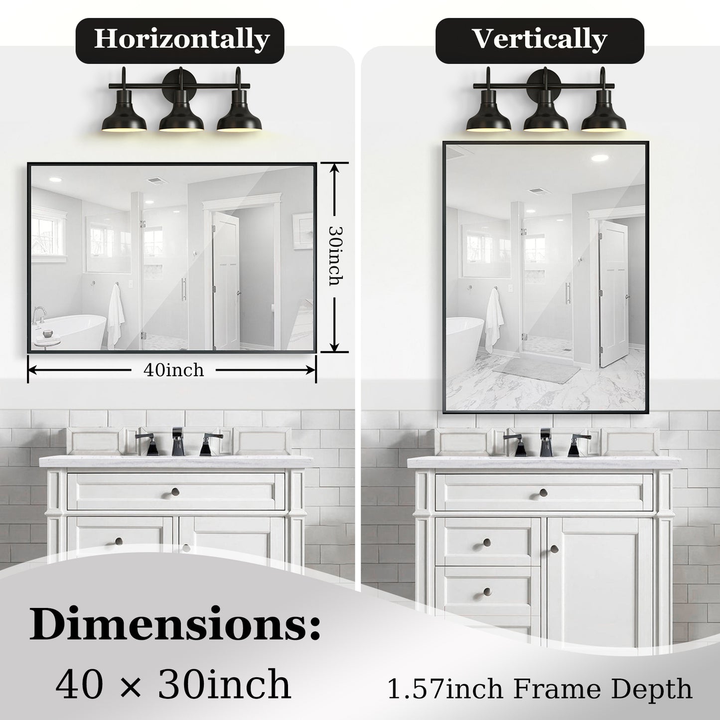 Noiré XL 40x30” Rectangular HD Vanity Mirror – Glossy Black Wall-Mounted Elegance