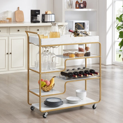 Aurelia 6-Tier Gold Bar Cart with Wine Rack & Glass Holder