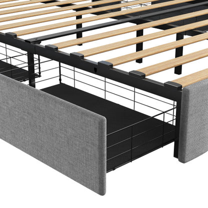 Lumora Full Size LED Bed Frame with Winged Headboard & 4 Storage Drawers – Light Grey Linen Upholstery