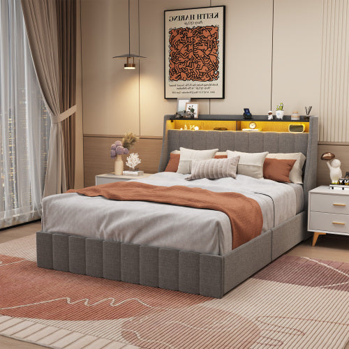 Lumora Full Size LED Bed Frame with Winged Headboard & 4 Storage Drawers – Light Grey Linen Upholstery