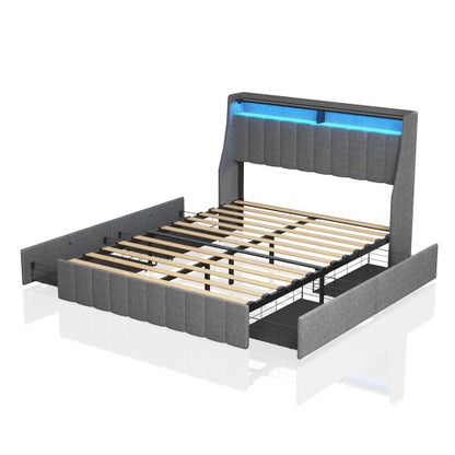 Lumora Full Size LED Bed Frame with Winged Headboard & 4 Storage Drawers – Light Grey Linen Upholstery