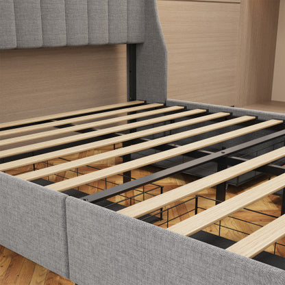 Lumora Full Size LED Bed Frame with Winged Headboard & 4 Storage Drawers – Light Grey Linen Upholstery