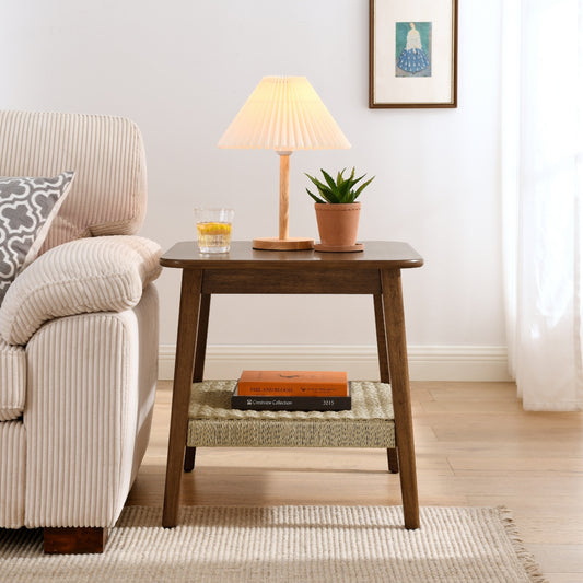 Ardwyn 23 Mid-Century Side Table with Rattan Shelf – Walnut Finish