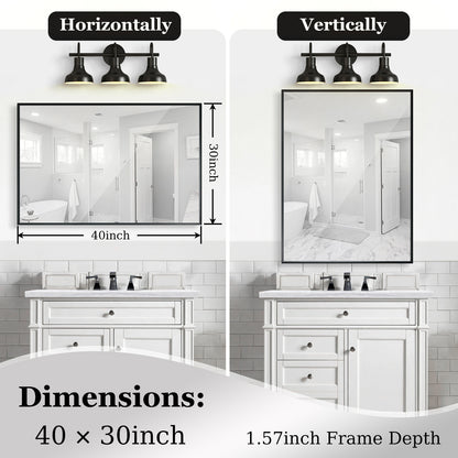 Noiré XL 40x30” Rectangular HD Vanity Mirror – Glossy Black Wall-Mounted Elegance