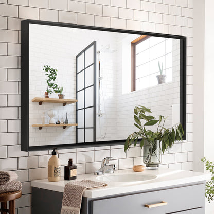 Noiré XL 40x30” Rectangular HD Vanity Mirror – Glossy Black Wall-Mounted Elegance